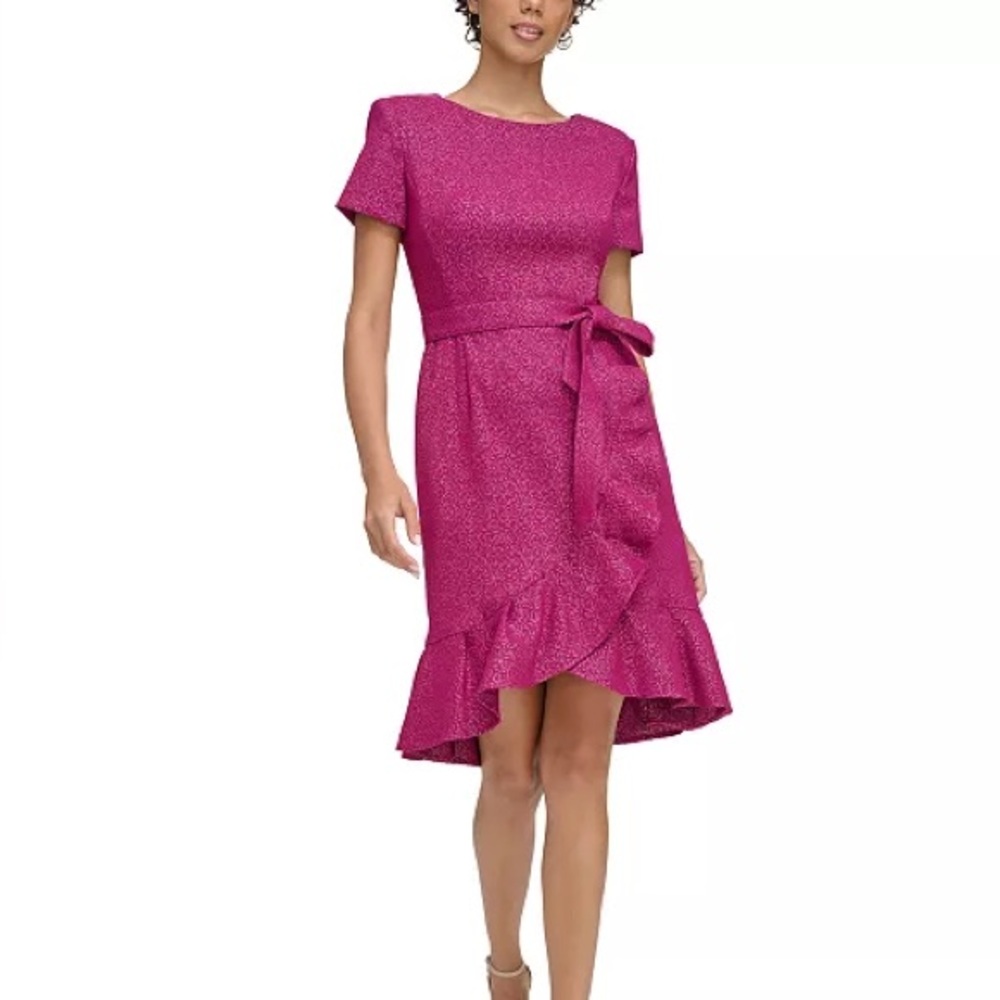 Calvin Klein Fuchsia Short-Sleeve Ruffle Midi Dress